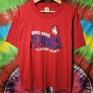 Wyoming Centennial 1890-1990 Red Graphic Tee Single Stitch sz XL